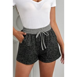 Gray Leopard Print Drawstring Waist Shorts