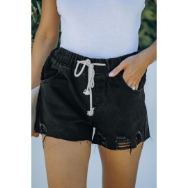 Black Elastic Waist Drawstring Distressed Denim Shorts