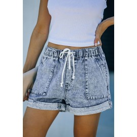 Sky Blue Pocketed Drawstring High Waist Denim Shorts