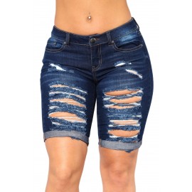 Dark Blue Denim Ripped Bermuda Shorts