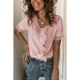 Pink Ruffles Button Short Sleeve Shirt with Lace Detail